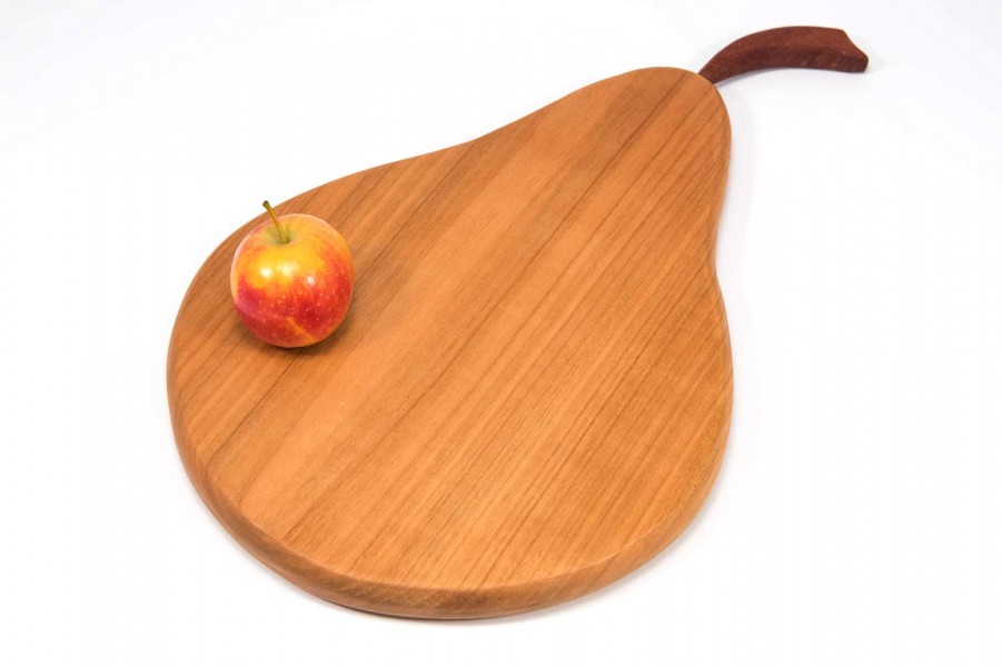 Handmade wooden pear shaped chopping board in English wild cherry