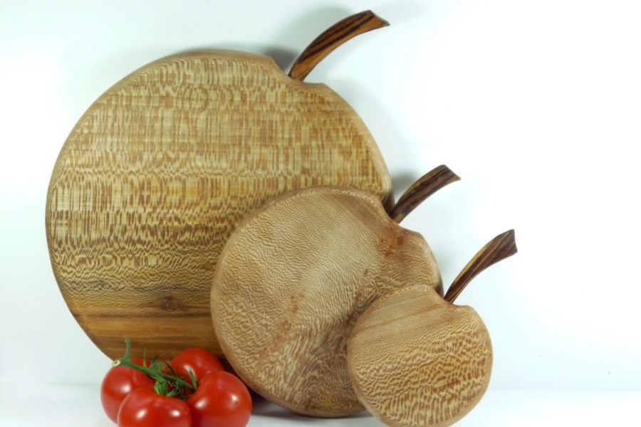 set of 3 handmade handcut wooden apple shaped chopping boards English Lacewood