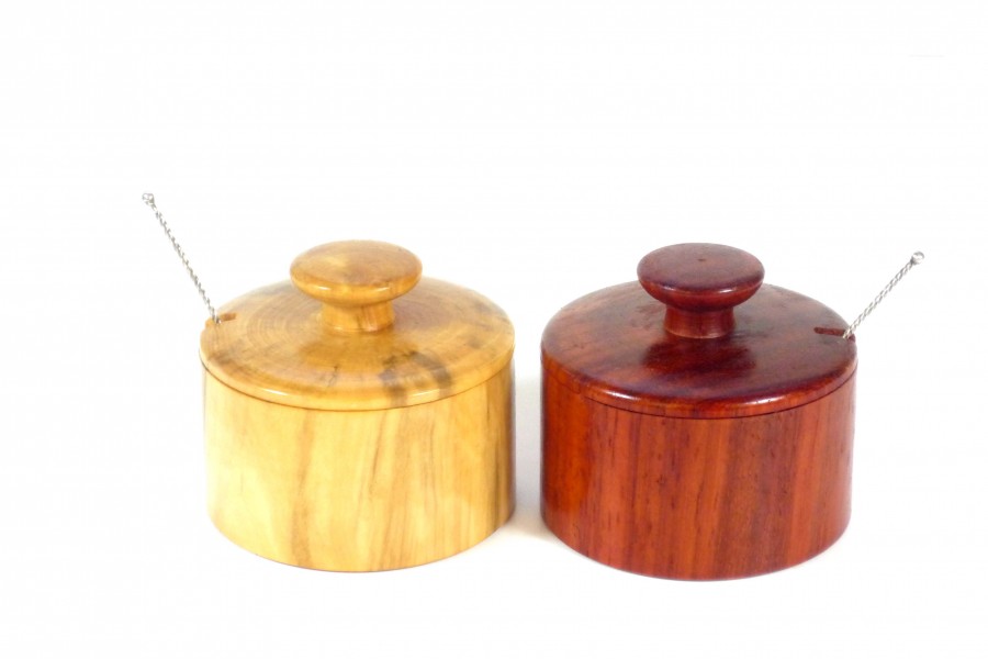 Salt & Pepper Pinch Pots with Silver Spoons Tommy Woodpecker Woodworks