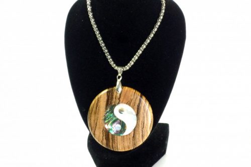 Handmade pendant zebrano wood with abalone and mother of pearl ying and yang