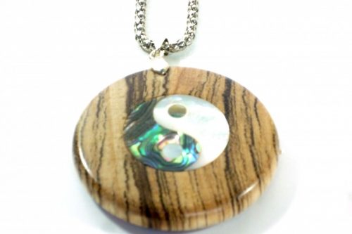 Handmade pendant zebrano wood with abalone and mother of pearl ying and yang