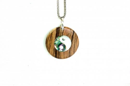 Handmade pendant zebrano wood with abalone and mother of pearl ying and yang