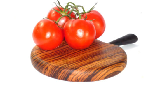 Handmade hand cut medium chopping boards Zebrano wood with stalk detail