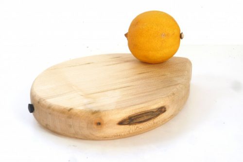 Handmade hand cut wooden lemon shaped chopping board English Spalted Scyamore with stalk detail