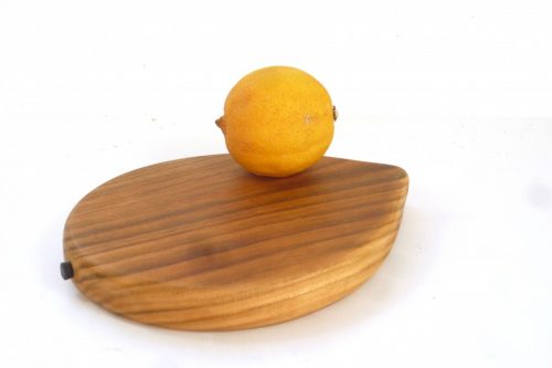 Handmade hand cut wooden lemon shaped chopping board with stalk detail English Wild Cherry