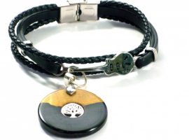 Leather bracelet with guitar link African Blackwood charm with Tree of Life Inset