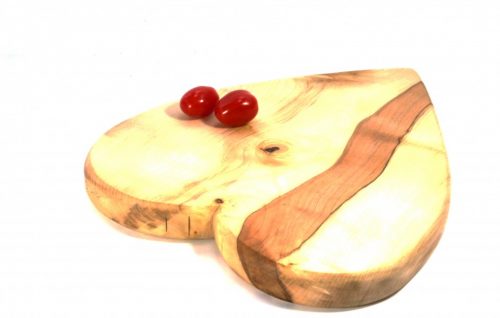 handmade hand cut wooden chopping board heart shaped in English spalged Scycamore