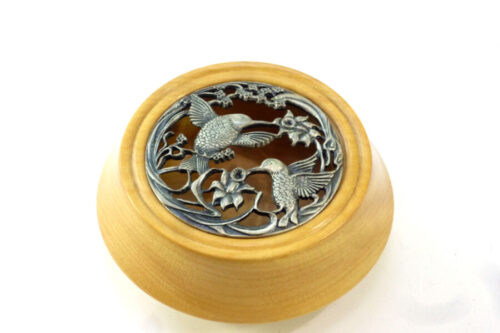 Handmade pot pourri bowl yellowheart wood with humming bird pewter lid