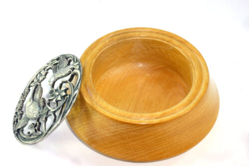 Handmade pot pourri bowl yellowheart wood with humming bird pewter lid
