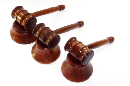 Trio of handmade gavel and blocks with graduated striking block sizes