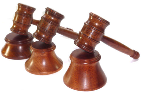 Trio of handmade gavel and blocks with graduated striking block sizes