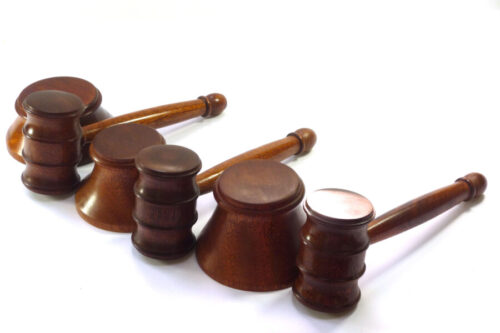 Trio of handmade gavel and blocks with graduated striking block sizes