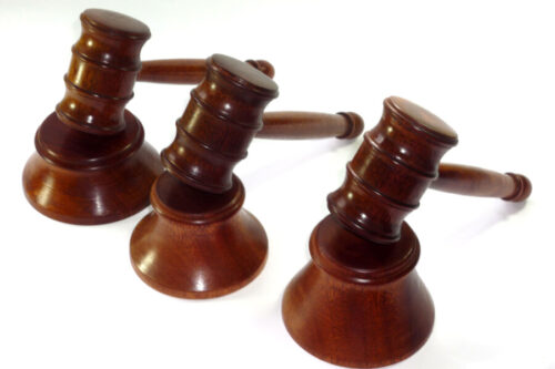 Trio of handmade gavel and blocks with graduated striking block sizes